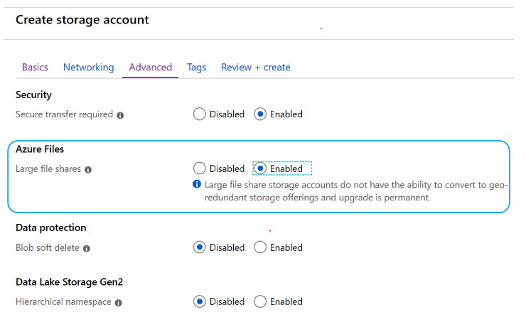 Azure File Shares Large File Shares Enable