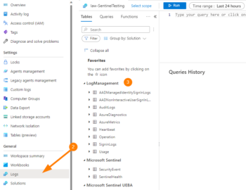 Azure Log Analytics workspace showing tables where to find your data