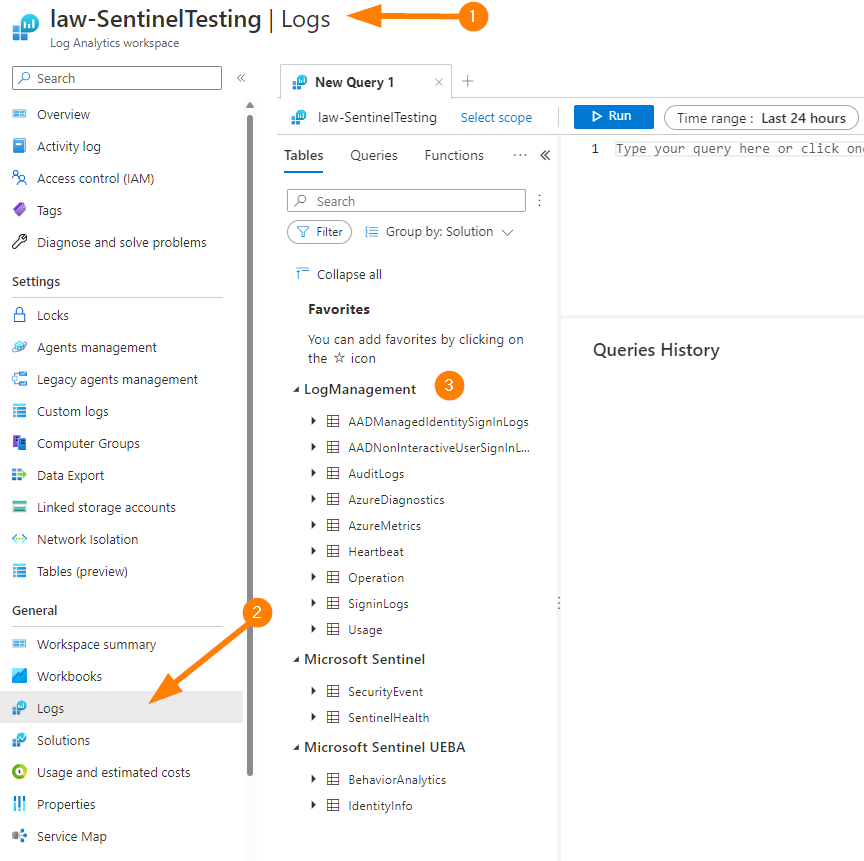 Azure Log Analytics workspace showing tables where to find your data