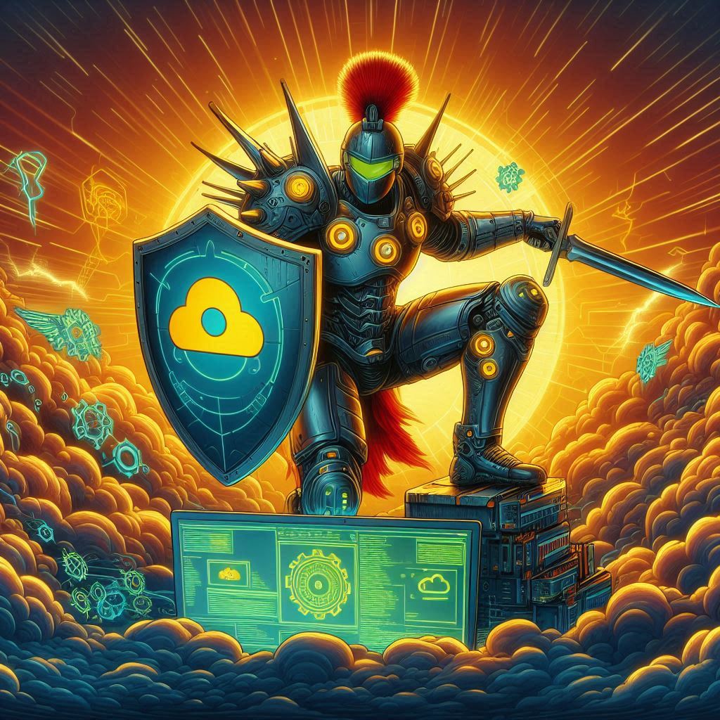 Microsoft Defender for Cloud - A defender pictured as a knight with a shield defending against technology threats and badguys!